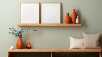 A serene room with two blank frames on a wooden shelf, terracotta vases, eucalyptus branches, and cozy pillows, for a clean mockup space. photo