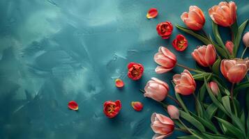 A vibrant flat lay of red and orange tulips with scattered petals on a textured teal background, perfect for spring and Mother's Day themes. photo