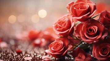 rojo rosas con gotas de rocío en pétalos, hermosamente arreglado en contra un bokeh antecedentes. romántico y elegante, esta imagen capturas el esencia de amar, haciendo eso Perfecto para san valentin día o romántico foto