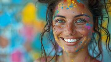 alegre joven mujer con un vibrante chapoteo de holi colores en su rostro, exhibiendo el exuberancia y emoción de el festival. foto