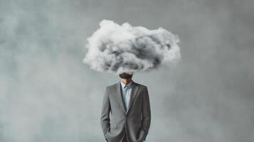 Surreal portrait of a man with a cloud for a head, symbolizing concepts like brainstorming, confusion, and mental health. photo