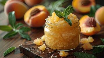 Jar of natural peach body scrub on a wooden surface, accompanied by fresh mint and succulent peach halves, evoking a luxurious spa atmosphere. photo