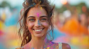 A young woman radiates joy at the Holi festival, her face and hair playfully dotted with vibrant colors, embodying the lively spirit of the celebration. photo