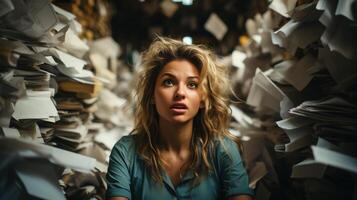 Young woman with messy hair and wide eyes, surrounded by towering piles of paperwork in a cluttered office, expressing stress and overwhelm. Ideal for themes of workplace pressure photo