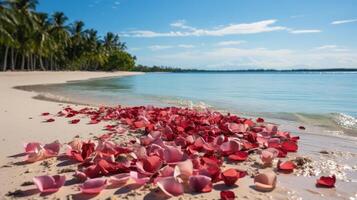 Red and pink rose petals scattered on a tropical beach with clear blue water and palm trees. A serene and romantic scene perfect for themes of love, weddings, and beach vacations. photo