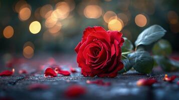 A vibrant red rose lies on a surface with scattered petals, set against a dreamy bokeh background. The lush, glossy leaves and soft light create a romantic and elegant atmosphere photo