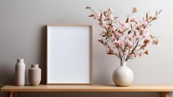 Modern interior design featuring a white vase with pink blossoms and a blank frame on a wooden table, ideal for mockups or decor. photo