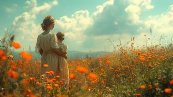 A mother and daughter stand amidst a blooming poppy field, sharing a serene moment, dressed in vintage attire under a soft summer sky. photo