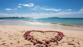Heart made of red and white rose petals on a sandy beach with clear blue water and a sunny sky. Perfect for themes of romance, love, weddings, and tropical getaways. Ideal for serene and scenic view photo