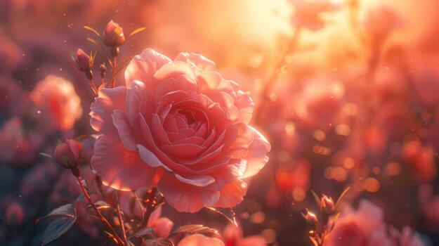A stunning rose in full bloom with soft petals illuminated by the golden sunlight, surrounded by a dreamy garden bokeh. photo