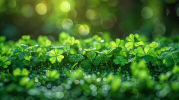Luminous field of clover with sparkling dewdrops, under the gentle glow of sunrise, symbolizing luck and the spirit of Saint Patrick's Day. photo