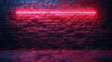 A hauntingly atmospheric scene with a neon red glow illuminating the dark, textured surface of an urban brick wall, casting a vivid ambiance. photo