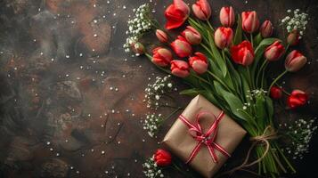 elegante plano laico de rojo tulipanes y un regalo envuelto en marrón papel con un festivo cinta, conjunto en contra un rústico oscuro madera antecedentes. foto