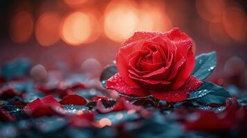 Close-up of a red rose with dewdrops surrounded by petals, set against a dreamy, bokeh-lit background. Perfect for romantic themes, Valentine's Day, love, and nature. Elegant and atmospheric. photo
