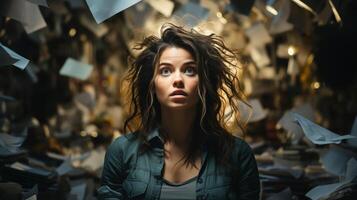 Young woman with messy hair and wide eyes, surrounded by flying papers and clutter in a chaotic office, expressing overwhelming stress and anxiety. Perfect for themes of workplace pressure photo