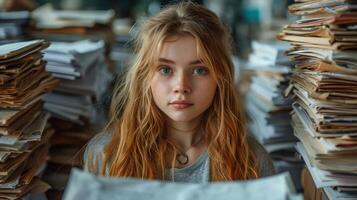 Young woman with blue eyes and freckles, surrounded by towering piles of paperwork, expressing stress and overwhelm in a cluttered office environment. Perfect for themes of work pressure photo
