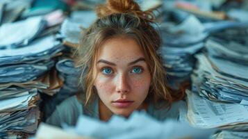 Young woman with blue eyes peering out from mountains of paperwork, evoking stress and the overwhelming nature of administrative work. photo