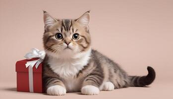a cat sitting next to a red gift box photo
