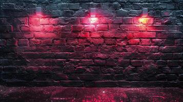 Gritty black brick wall with intense red neon lights casting a reflective glow on the wet surface, for a deeply atmospheric urban feel. photo