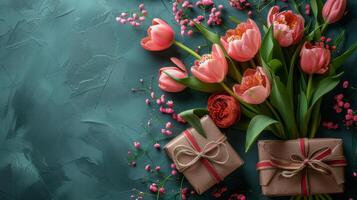 elegante regalos envuelto en marrón papel atado con rojo cinta junto a rosado tulipanes y coral flores en un texturizado verde azulado fondo, Perfecto para de la madre día. foto