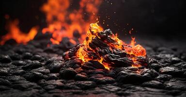 a lava rock is burning on a black background photo