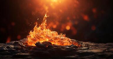 a fire is burning on a rock with a bright light photo