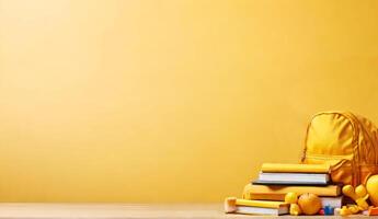 backpack, books and toys on wooden table with yellow wall background photo