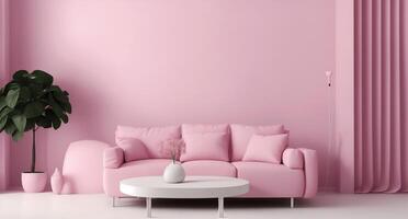 a pink living room with a sofa and a plant photo