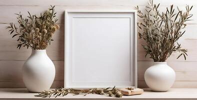 white vases with olive branches and a blank frame photo