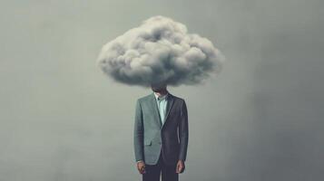 Surreal portrait of a man in a suit with a cloud for a head, depicting concepts of thought, stress, and creativity. photo