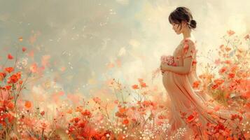 un sereno embarazada mujer en un floral campo, encarnando el belleza y tranquilidad de maternidad en medio de vibrante rojo amapolas y suave luz de sol. foto