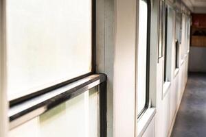 Empty train cabin. Hallway of the train. photo