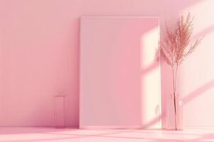 Mockup painting near a pink wall, dried flowers in a vase photo