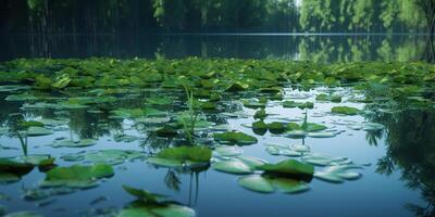 Green leaves on pond river lake landscaoe background view photo