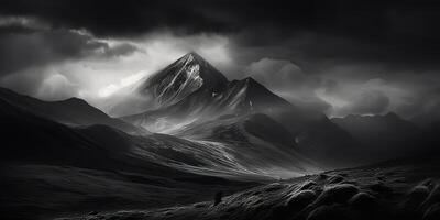 increíble negro y blanco fotografía de hermosa montañas y colinas con oscuro cielo paisaje antecedentes ver escena foto