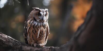 Owl bird sitting on a banch tree. Wil life nature outdoor forest background landscape scene photo