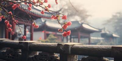 Ancient asian japanese chinese old vintage retro town city building temple with nature tree flowers photo