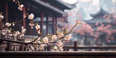 antiguo asiático japonés chino antiguo Clásico retro pueblo ciudad edificio templo con naturaleza árbol flores foto