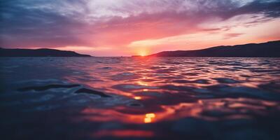 Nature outdoor sunset over lake sea with mountains hills landscape bacgkround, Pink blur out of focus view photo