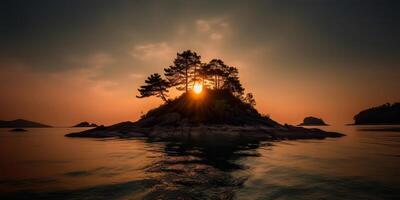 Island in the middle of the sea ocean lake with many trees. Relaxing sunset background scene view photo