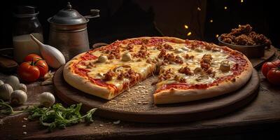 Fresh baked tasty pizza with meat and vegetables and herbs on dinner table. Meal food restaurant background scene photo