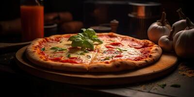 Fresh baked tasty pizza with meat and vegetables and herbs on dinner table. Meal food restaurant background scene photo