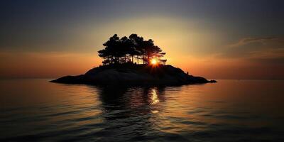 Island in the middle of the sea ocean lake with many trees. Relaxing sunset background scene view photo