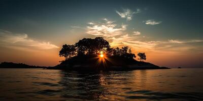 Island in the middle of the sea ocean lake with many trees. Relaxing sunset background scene view photo