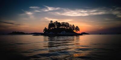 Island in the middle of the sea ocean lake with many trees. Relaxing sunset background scene view photo