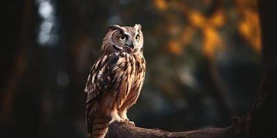 Owl bird sitting on a banch tree. Wil life nature outdoor forest background landscape scene photo