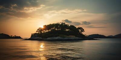 Island in the middle of the sea ocean lake with many trees. Relaxing sunset background scene view photo