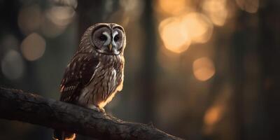 Owl bird sitting on a banch tree. Wil life nature outdoor forest background landscape scene photo