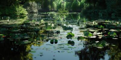 Green leaves on pond river lake landscaoe background view photo