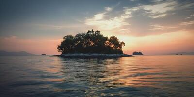 Island in the middle of the sea ocean lake with many trees. Relaxing sunset background scene view photo